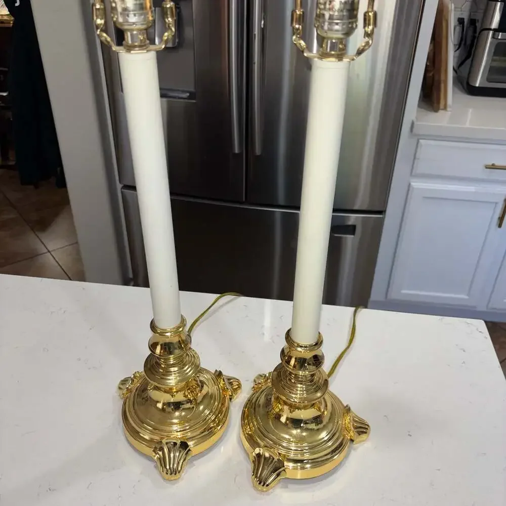 Vintage Stiffel Brass Candlestick Table Lamp Pair with Ornate Finial